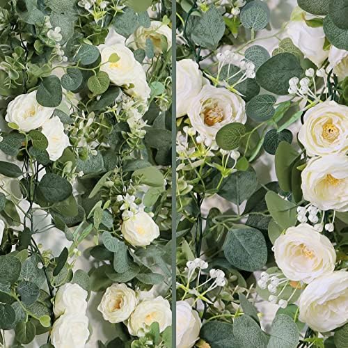 TOCHGREEN 2 Pack 13FT Artificial Eucalyptus Flower Garland with White Roses - Image 6