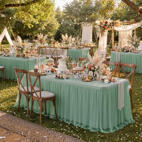 familus Sage Green Table Cloths 8 Foot Rectangle 2 Pack Stretch Ruffle Tulle Tablecloth Spandex Fitted Table Cover for 8 Foot Tulle Table Skirts for Party Wedding Table Cloths, Banquets by familus