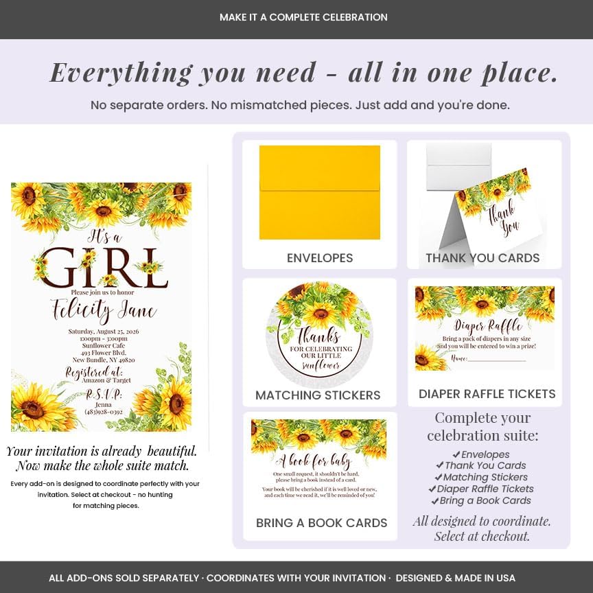 Amanda Creation Sunflower Baby Shower Invitations for Girl, It's a Girl Floral Design, Personalized Baby Shower Invitations, 20 Personalized 5x7 Double-Sided Cards with White Envelopes, Made in USA - Image 6