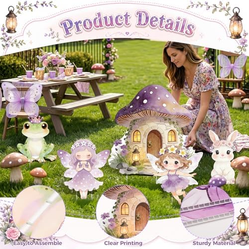 5PCS Purple Fairy First Birthday Decorations, Magical Woodland Cardboard Cutouts Corrugated Plastic Yard Signs Enchanted Garden Themed Party Supplies Princess Baby Shower Photo Props - Image 5