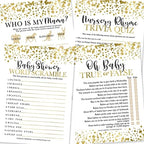 Hadley Designs 25 Gold Word Scramble For Baby Shower, 25 True Or False Game, 25 Baby Animal Matching, 25 Nursery Rhyme Game - 4 Double Sided Cards Baby Shower Ideas, Baby Shower Party Supplies by HadleyDesigns