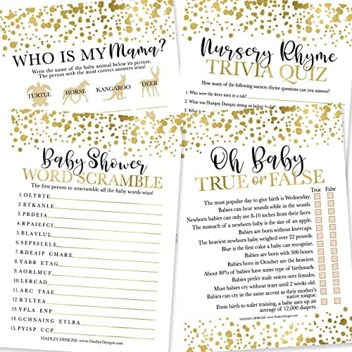 Hadley Designs 25 Gold Word Scramble For Baby Shower, 25 True Or False Game, 25 Baby Animal Matching, 25 Nursery Rhyme Game - 4 Double Sided Cards Baby Shower Ideas, Baby Shower Party Supplies by HadleyDesigns