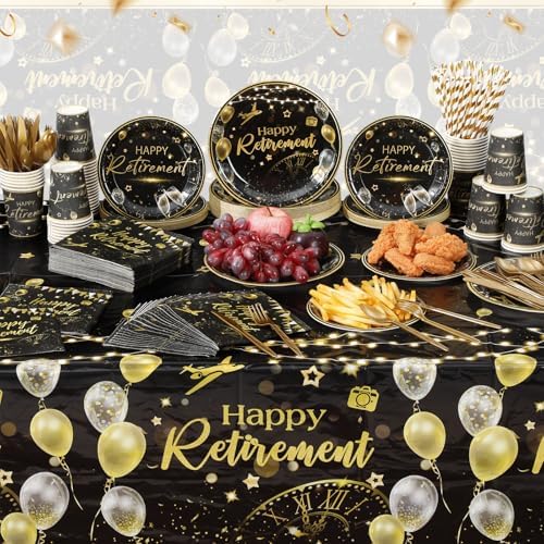 Potchen 452 Pcs Happy Retirement Plates Napkins Party Supply, Black Gold - Image 6