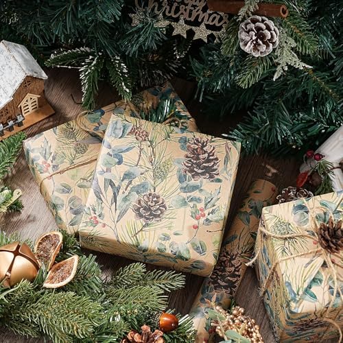 RUSPEPA 30" X 100' Kraft Christmas Wrapping Large Paper Roll, Jumbo Roll, Watercolor Pinecone and Eucalyptus Leaf Design, Kraft Gift Wrap for Christmas, Winter Holiday Party, Rustic Natural Theme - Image 5