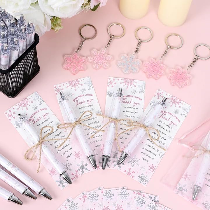 145 Pieces Little Snowflake Baby Shower Favors for Guest Pink Girl Ballpoint Pens and Keychains Gifts Bulk Winter Retractable Baby Shower Pens Gender Reveal Thank You Cards Souvenirs Prizes - Image 4