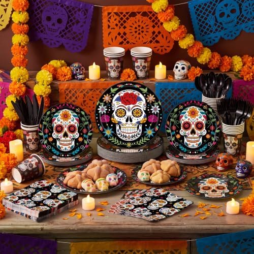 Funnymoom 400 Pcs Day of the Dead Party Supplies for 50 Guests Sugar Skull Plates and Napkins Cups Disposable Paper Dia De Los Muertos Tableware for Mexican Halloween Fiesta Birthday Party Favor - Image 4
