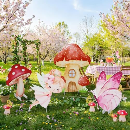 4 Pcs 23.6 Inch Large Fairy Theme Cardboard with Stand and 20 Butterfly Cutout, Prop up Mushroom Butterfly Fairy Yard Signs Decoration for Forest Wonderland Garden Fairytale Photo Prop - Image 5