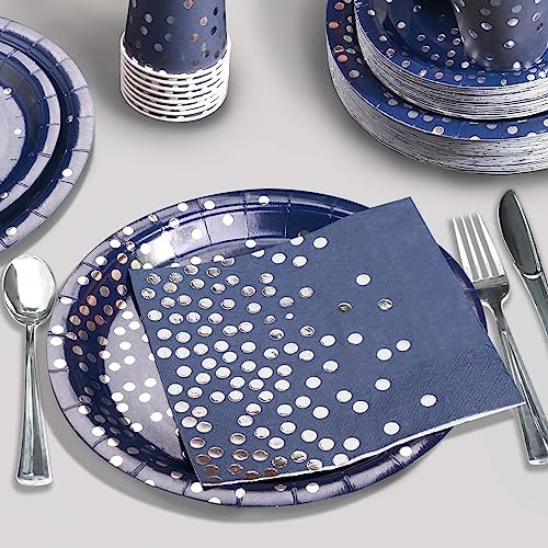 Gudvilla350 PCS Navy Blue Plates and Napkins Party Supplies,Navy Blue Paper Plates with Plastic Silverware Serve 50 Guests,Blue and Silver Birthday Plates Disposable for Wedding Retirement Decorations - Image 5