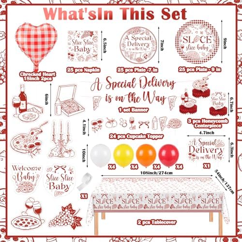 132 Pcs Special Delivery Pizza Baby Shower Decorations Set Slice Slice Baby Shower Decorations Italian Pizza Gender Neutral Tableware Set Serves 25 Guests for Pizzeria Newborn Welcome - Image 2