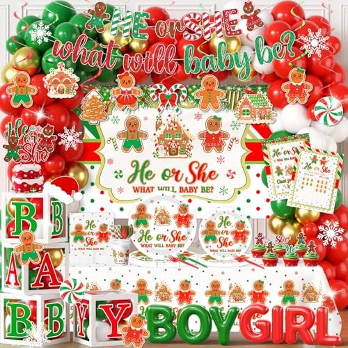 Christmas Gingerbread Gender Reveal Decorations Red Green Christmas Gender Reveal Paper Plates Napkin Tablecloth Balloons Boxes Tablecloth Backdrop Cake Topper for Xmas Baby Shower Party Decor by Unknown