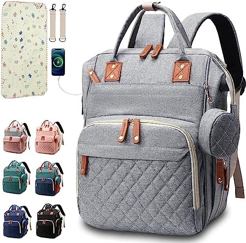 SHITIESHOU Diaper Bag Backpack Baby Bag, Baby Girl Boy Diaper Bag for Dad Mom with Pad, 16 Pockets, Pacifier Case, Large Diaper Bags Unisex for Travel (Grey) by SHITIESHOU