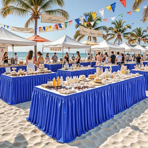 21ft Length Royal Blue Satin Table Skirt for Rectangle Tables, Wrinkle Resistant Pleated Ruffle Table Cloth Glitter Desk Skirting for Weddings Banquet Birthday Party Stage Decorations - Image 2