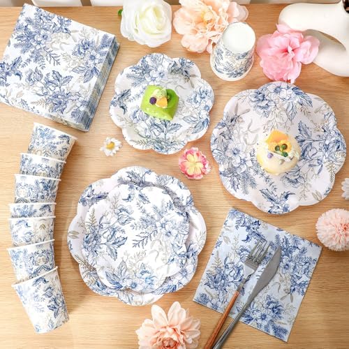 Newtay 250 Pcs Blue Gold Floral Disposable Paper Plate Napkins - Image 4