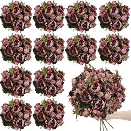 12 Bundles Faux Peony Flowers Bulk - Vintage Purple by TOBILU