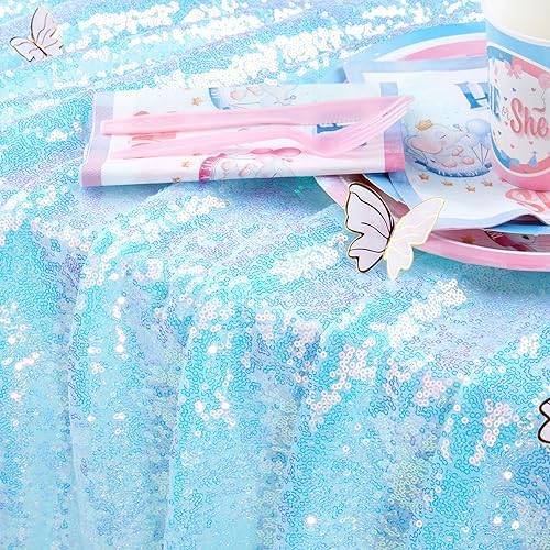 QueenDream Mermaid Blue Tablecloth 90x156 Inches Rectangle Tablecloths Sequin Iridescent Disco Party Decorations - Image 3