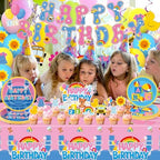 156Pcs Girls Birthday Party Decoration Set Cartoon Teacher Paper Plates and Napkins Happy Birthday Banner Hanging Swirls Cupcake Toppers Tablecloth for Girls Baby Shower English Teacher Party Supplies - Image 5