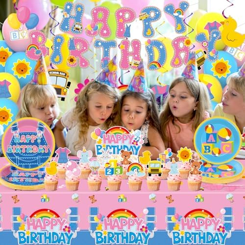 156Pcs Girls Birthday Party Decoration Set Cartoon Teacher Paper Plates and Napkins Happy Birthday Banner Hanging Swirls Cupcake Toppers Tablecloth for Girls Baby Shower English Teacher Party Supplies - Image 5