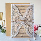 50Pcs 5.12" x 7.28" Personalized Rustic Laser Cut Lace Wedding Invitations Kit Blank Kraft Wedding Invitation Cards with Hemp Rope Envelopes - Image 2
