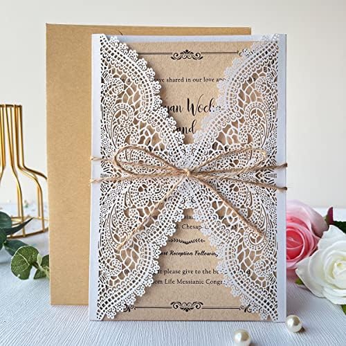 50Pcs 5.12" x 7.28" Personalized Rustic Laser Cut Lace Wedding Invitations Kit Blank Kraft Wedding Invitation Cards with Hemp Rope Envelopes - Image 2