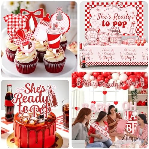 Shes Ready to Pop Baby Shower Decorations, All-in-1 Retro Soda Pop Baby Shower Decorations with Balloon Arch Baby Boxes Plates Napkins Cake Toppers Tablecloth Backdrop Banner for Gender Reveal Party - Image 6