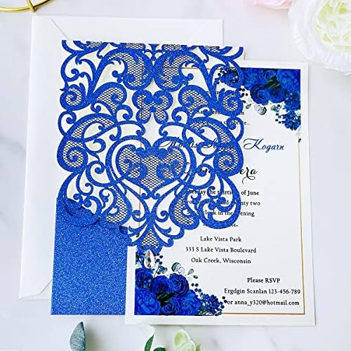Hosmsua 50pcs Personalized Wedding Invitation Kit 5.12 x 7.3 Inch Royal Blue Laser Cut Flora Rehearsal Wedding Invitations with Envelopes for Quinceañera Bridal Shower Invite - Image 2