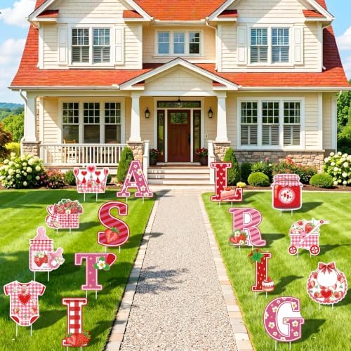 15Pcs Strawberry It's a Girl Yard Signs with Stakes, Berry Sweet Baby Shower Lawn Decorations, Red Pink Gingham Welcome Home Baby Girl Outdoor Sign for Gender Reveal Party Supplies Photo Props - Image 4