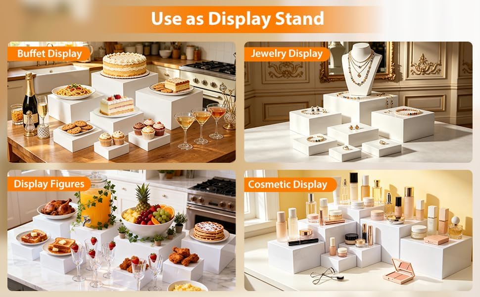 Nestable Buffet Risers - 8 Pcs White Acrylic Food Risers with Signs & Markers – Sturdy Dessert Table Display Stands for Parties, Catering, Jewelry & Collectibles (Easy-Store Stackable Cubes: 10'',9'',8", 7", 6", 5", 4", 3") - Image 3