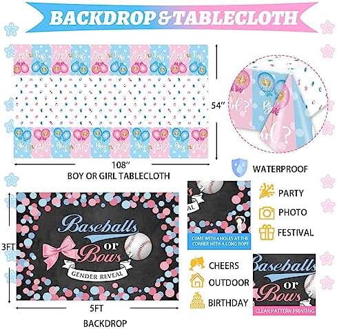 Hombae Baseball or Bows Gender Reveal Decorations, 171 PCs Boy or Girl Gender Reveal Decorations Backdrop Balloon Garland Banner Tablecloth Cake Cupcake Topper Box Cutout Poster Sash Pink Blue - Image 4