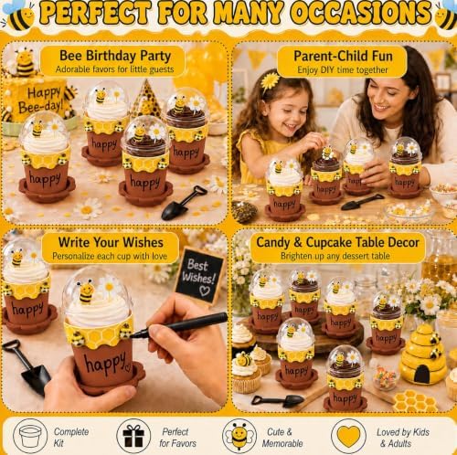 50Sets Bee Honey Jars Party Favors Bulk, Mini Plastic Bee Theme Honey Jar Pots Decoration with Spoon, Trays, 3D Stickers, And Markers for DIY Cupcake Dessert Baby Shower Wedding Party Gift Set - Image 7