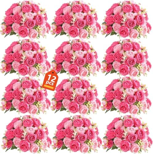 Peonies Artificial Flowers Bouquet, Lifelike Silk Fake Peonies with Stems for Home Table Centerpieces, Wedding, Party & DIY Bridal Floral Arrangements (12, Rose red + Pink) by Unknown