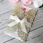 50PCS 5.12 x 7.28 Inch Personalized Champagne Wedding Invitations Cards Laser Cut Hollow Rose Flowers Pocket with bowknot for Bridal Shower Engagement Birthday Invite (Champagne Glitter) - Image 6