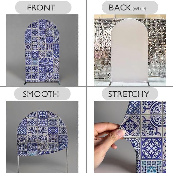 Curved Top Arch Cover Backdrop 4x7ft Mediterranean Portuguese Patchwork Tile Theme Spandex Background for Birthday Wedding Shower Banquet Porcelain Party Decoration - Image 4