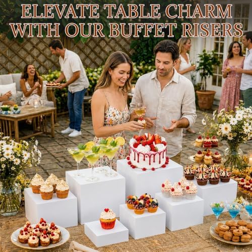 10 Pcs Buffet Risers with Mini Sign and Maker Serving Tongs Cake Cutter, White Acrylic Food Display Stands for Buffet Table Party Catering Dessert Nesting Cube Boxes with Hollow Bottoms (10",9",8",7",6",5",5",4",4",3") - Image 2
