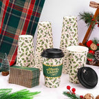 Whaline 50Pcs Christmas Disposable Coffee Cups with Lids and Sleeves Xmas Holly Berry Paper Drinking Cup for Winter Holiday Party Supplies - Image 4