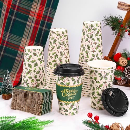 Whaline 50Pcs Christmas Disposable Coffee Cups with Lids and Sleeves Xmas Holly Berry Paper Drinking Cup for Winter Holiday Party Supplies - Image 4