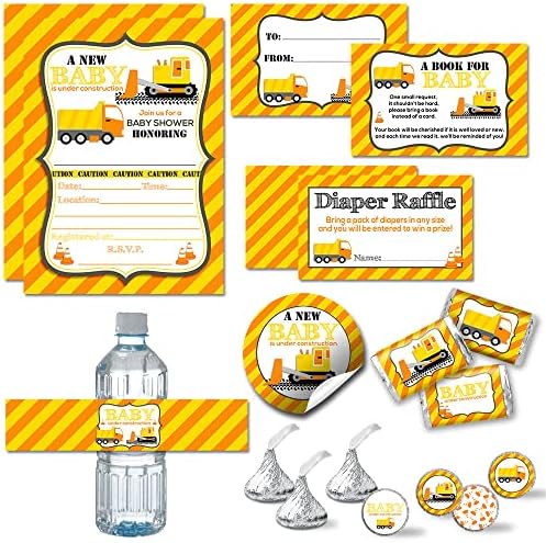 Amanda Creation Baby Under Construction Baby Shower Bundle, Party Supplies for 20 with Invitations, Games, Favor Stickers, Candy & Water Bottle Labels by AmandaCreation