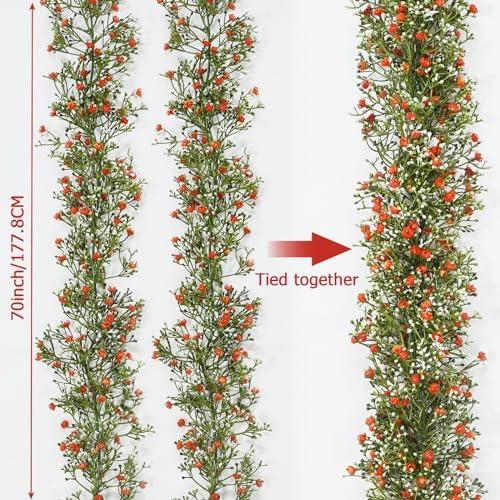 2 Pcs 5.8ft Artificial Baby Breath Flower Vines, Babys Breath Artificial Flowers Real Touch Faux Gypsophila Hanging Fake Baby's Breath Garlands for Wedding and Baby Shower Decor(Red-Orange - Image 2