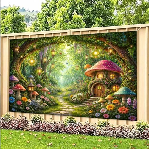 Enchanted Forest Backdrop, Magical Fairy Garden Colorful Mushroom Floral Butterfly Glowing Lantern Tree Arch Photo Background Banner for Girls Birthday Baby Shower Party Photography 12X10ft - Image 5