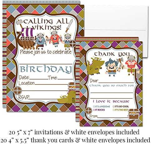 Amanda Creation Deluxe Viking Birthday Party Bundle Includes 20 Each of Invitations & Thank You Cards with Envelopes + 2 Sizes of Stickers, Mini Candy Bar Wrappers & Water Bottle Labels! - Image 3
