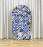 Curved Top Arch Cover Backdrop 3x6ft Mediterranean Portuguese Patchwork Tile Theme Spandex Background for Birthday Wedding Shower Banquet Porcelain Party Decoration - Image 2