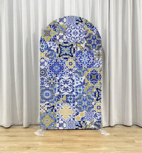 Curved Top Arch Cover Backdrop 3x6ft Mediterranean Portuguese Patchwork Tile Theme Spandex Background for Birthday Wedding Shower Banquet Porcelain Party Decoration - Image 2