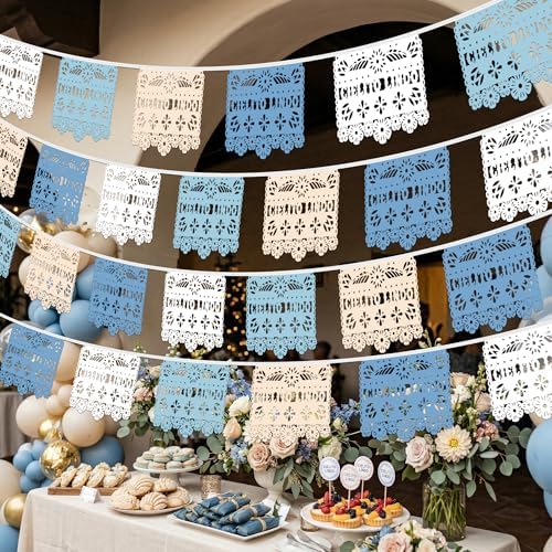 TOUROAM 4 Pack Blue Mexican Papel Picado Banner, Fiesta Party Decorations for Birthday, Baby Shower, Cinco De Mayo, Día De Los Muertos, Day of the Dead - Image 4