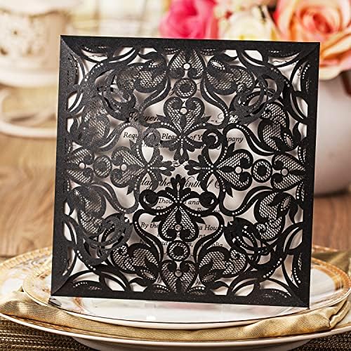 Hosmsua 50PCS Personalized Black Wedding invitation with Envelopes, 6.3x6.3 Laser Cut Hollow Lace Rose Invitation for Wedding Engagement Birthday Invite (Customized Printed) - Image 2