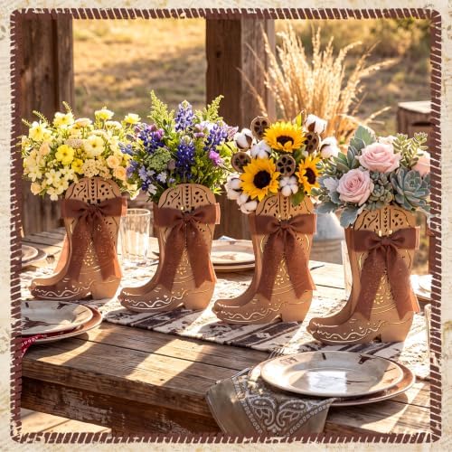 Cinnvoice 6 Pcs Brown Western Cowboy Boot Centerpieces with Riibon - Image 2