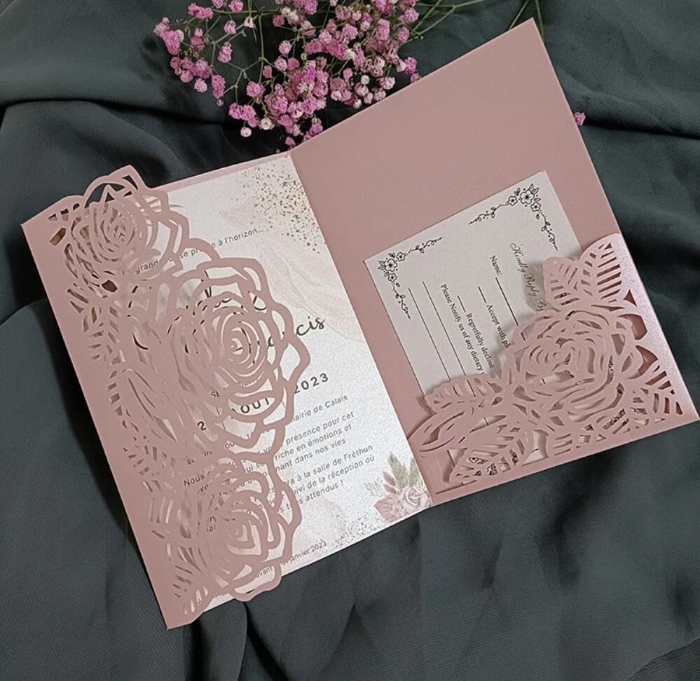 50sets Green Laser Cut Wedding Invitations Card Rose Greeting Cards Envelopes Invitation for Wedding Birthday Baby Graduation Party Supplies (Only invitation cards, Pink) - Image 7