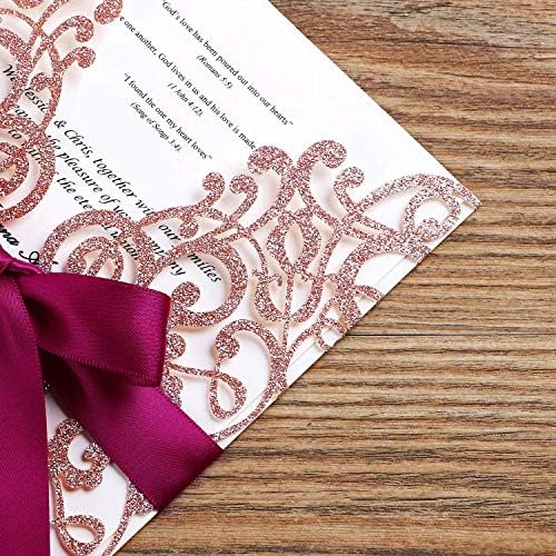 Hosmsua 50PCS Personalized Laser Cut Invitation Cards with Burgundy Bowknot and Envelopes 5.12 x 7.3'' Lace Flora Wedding Invitations for Bridal Shower (Rose Gold, Customized Printed) - Image 4