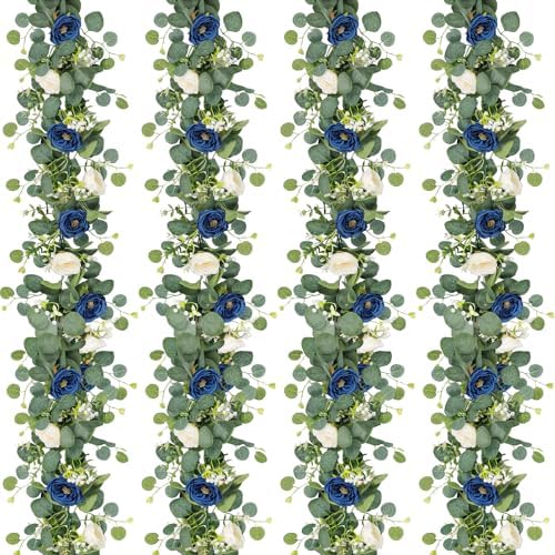 TOCHGREEN 4 Pack Artificial Eucalyptus Flower Garland with White Blue Roses by TOCHGREEN