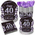 Pickmesh 400 Pcs 40th Birthday Party Supplies Purple Black Plates Serve 50 by Pickmesh