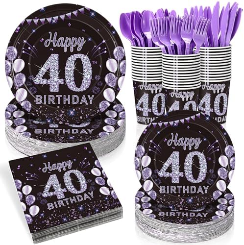 Pickmesh 400 Pcs 40th Birthday Party Supplies Purple Black Plates Serve 50 by Pickmesh