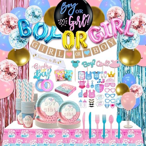 Guudmua 312 Pcs Gender Reveal Decorations, Baby Gender Reveal Party Supplies- Disposable Dinnerware Set With Pink and Blue (25 Guest), Boy or Girl Banner, Balloon, Sash, Cake Topper, Photo Props by Guudmua